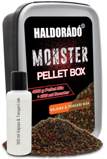 Pelety HALDORADO Monster Pellet Box 400g+10ml Kyselina maslová - morský rak