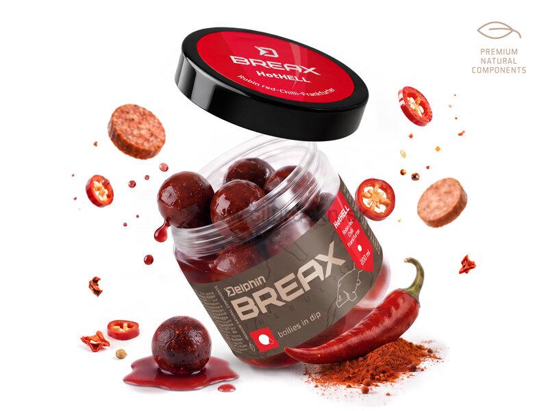 Boilies v dipe Delphin BreaX /Hot Hell 200ml 20mm Robin Red-Chilli-Frankfurtská klobása
