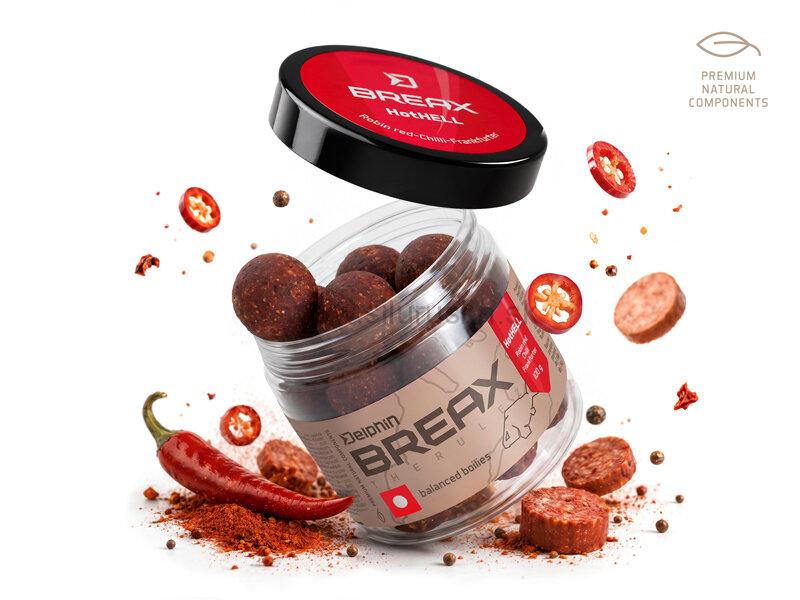 Vyvážené boilies Delphin BreaX /HotHELL 100g 24mm Robin Red-Chilli-Frankfurtská klobása