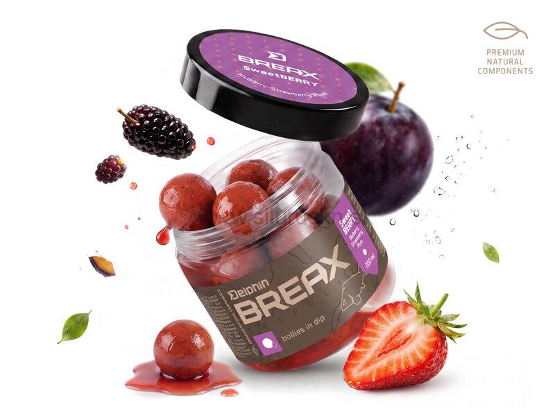 Boilies v dipe Delphin BreaX /Sweet Berry 200ml 16mm Moruša-Jahoda-Slivka