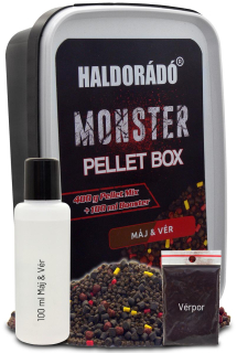 Pelety HALDORADO Monster Pellet Box 400g+10ml Pečeň - krv